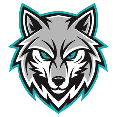 Gray Wolf Face Logo Mascot with Turquoise Outline on Transparent Background