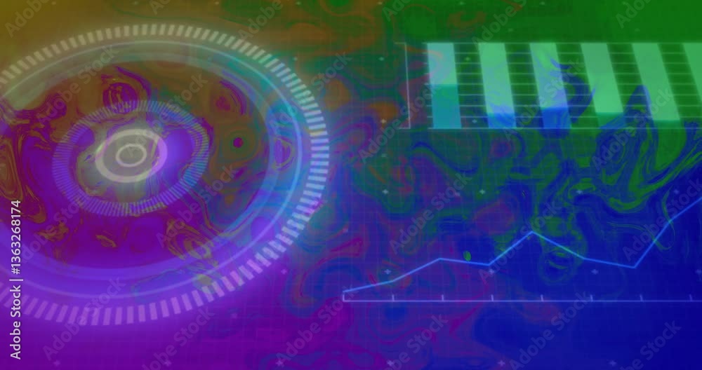 Poster animation showing circular and bar graphs on colorful digital interface background