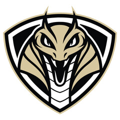 Aggressive Cobra Snake Head with Fangs on Shield Icon, Black, White & Tan Colors