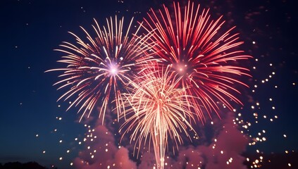 Naklejka premium Vibrant Photograph of a Fireworks Display in the Night Sky: Colorful Bursts of Red, White, and Yellow in a Circular Pattern for a Festive and Joyful Atmosphere