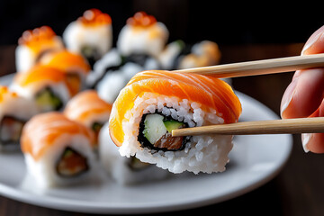 close-up shot of a hand holding a single piece of sushi roll with chopstic