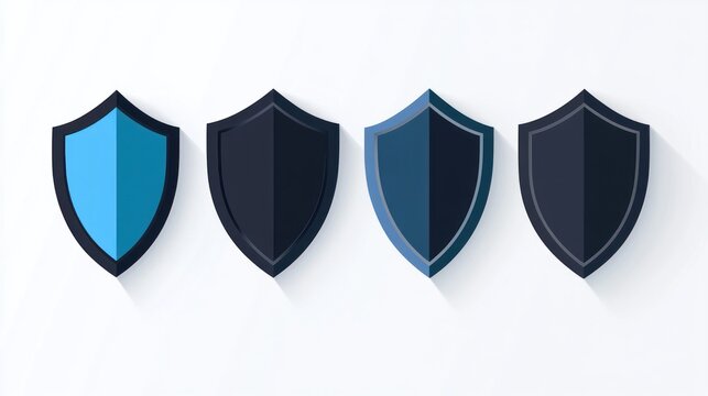 Four shield icons, security concept, white background, design element