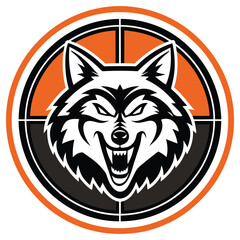 Aggressive Wolf Mascot Design inside Circular Badge with Orange, Black, and White Stripes
