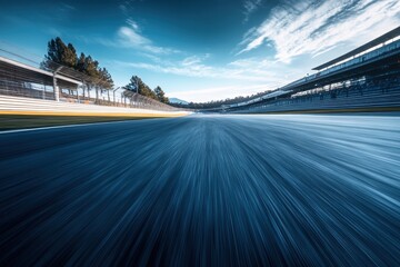 Dynamic motion blur on empty race track under bright sky creating sense of speed and exhilaration for motorsport event