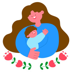 Happy mother hugging baby with a floral wreath, celebrating Mother’s Day flat vector illustration