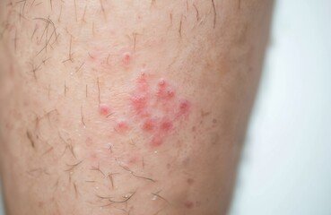 Fototapeta premium Close-up photo of caucasian man leg with multiple flea bites. Red, irritated, itchy skin. Hairy legs. Medical or health issue, allergy, skin rash, dermatological problem.