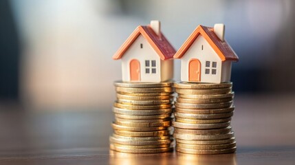 Stack of coins with miniature houses on top, saving for real estate and future housing investment. generative ai