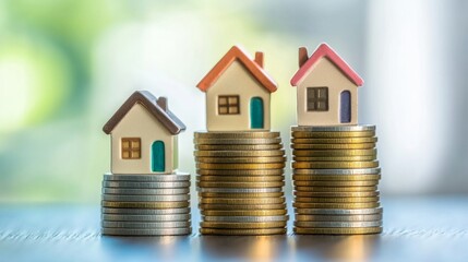 Stack of coins with miniature houses on top, saving for real estate and future housing investment. generative ai