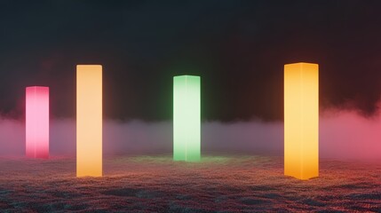 Glowing neon pillars in misty night landscape with vibrant colors