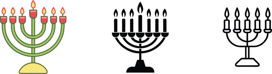 Menorah Candlesticks Colorful, Black, Outline, Hanukkah, Jewish, Holiday, Symbol, Festive, Light