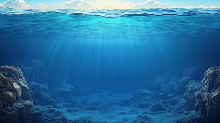 Fototapeta premium Serene underwater scene with sun rays piercing through the turquoise water creating a tranquil atmosphere and rocky seabed