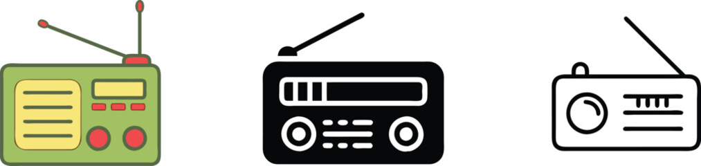 Fototapeta premium Retro Radio Icons Green, Black, Outline Designs, Vintage Broadcast