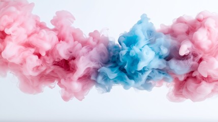 Fototapeta premium Vibrant explosion of pink and blue ink clouds suspended in air against a white background. The image showcases soft, billowing textures and dynamic color blending, ideal for abstract, modern