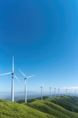 array of wind turbines atop rolling green hills underneath clear blue sky gently rotating in breeze
