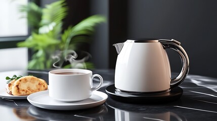 Obraz premium Modern Electric Kettle and Teacup on Dark Marble Surface AI Generated