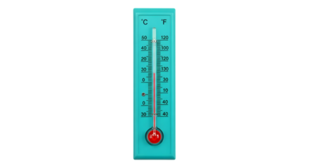 Vintage Thermometer with Celsius and Fahrenheit Scales Displaying Temperature Readings in a Bright Turquoise Background