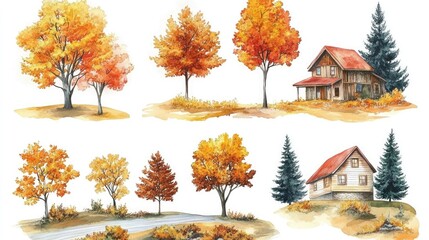 Charming illustrated house surrounded by colorful autumn trees and flowers, Watercolor hand drawn set with autumn landscapes colorful season trees, road rustic house. White background