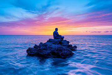 Solitary figure in meditative pose on ocean rock at sunset, vibrant sky