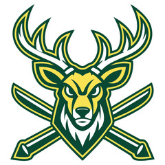 Fototapeta premium Intricate Yellow and Green Deer Head with Swords Mascot Logo on White Background