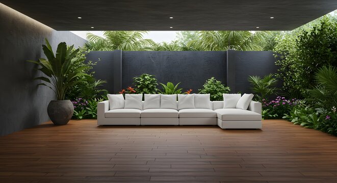 Elegant White Sectional Sofa in Outdoor Living Space with Lush Greenery