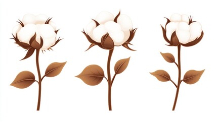 Three cotton plant blossoms, leaves, and stems against white background; for textile industry