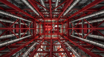 Looking Up at Red Metal Structure and Pipes Creates Industrial Abstract