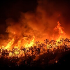 Bright flames rise from trees as a fierce wildfire spreads through a forest at night, creating a dramatic and dangerous scene Generative AI