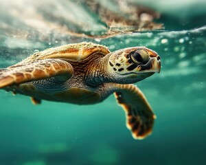 A graceful turtle swims underwater, showcasing its intricate shell and vibrant colors in a serene aquatic environment.