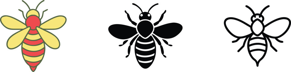 Fototapeta premium Bee Icons Colored, Black, Outline, Insect, Nature, Graphic, Design, Vector, Illustration