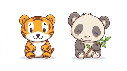 Tiger and panda sitting with leaves on a plain background, for kids education