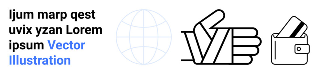 Hand making a thumbs up, a minimalist globe, and a wallet with a card. Ideal for finance, global connectivity, e-commerce, approval processes, digital transactions business themes. Landing page