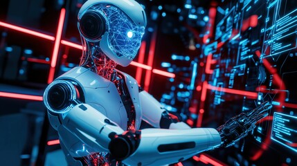 Fototapeta premium Futuristic robot interacting with digital interface in high-tech environment