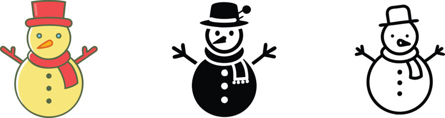 Three Festive Snowman Illustrations Color, Black, Outline