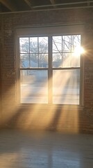 Sunlight streams through a window into a brick walled interior