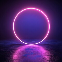 Obraz premium Luminous pink circle on a reflective surface creating a captivating glow in a dark purple ambiance with a futuristic style