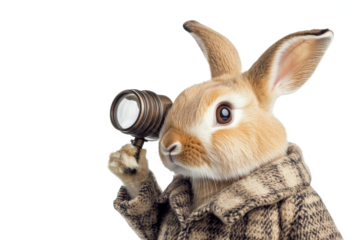 A rabbit detective wearing a coat and holding a magnifying glass on isolated Transparent Background, png