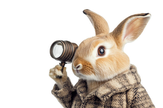 A rabbit detective wearing a coat and holding a magnifying glass on isolated Transparent Background, png
