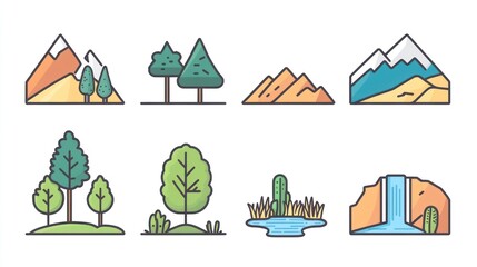 Nature Icons Mountains, trees, desert, waterfall.  Website design