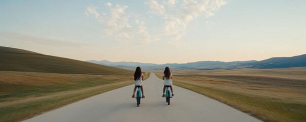 Obraz premium Two young caucasian girls riding bicycles on open road at sunset