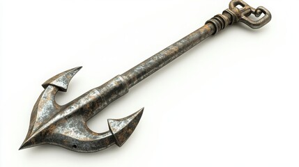 A 3D-rendered metal anchor isolated on a white background, used in marine equipment.