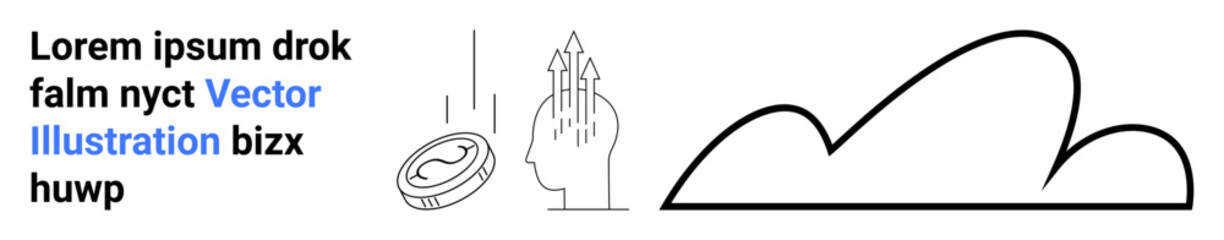 Falling coin near human head silhouette with upward lines depicting ideas, next to a minimal cloud line. Ideal for innovation, finance, creativity, growth, minimal design, abstract themes, simple
