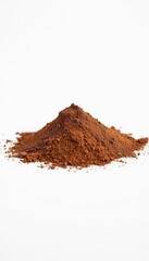 A rich mound of unsweetened cocoa powder sits alone against a pure white backdrop, sweet, cacao, heap