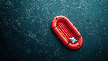 A vibrant red inflatable raft floats serenely on dark blue water, a small white pillow nestled inside.  A sense of calm and solitude.