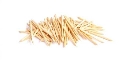 A pile of natural wooden toothpicks isolated on a pure white background, white, minimal, food