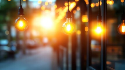 Fototapeta premium Warm evening glow with hanging bulbs on a city street
