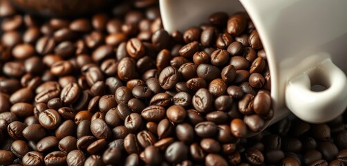 Obraz premium Close-up of roasted coffee beans spilling from a ceramic coffee cup, coffee culture, graphic, food