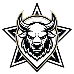 Bull Head Mascot on Star, Horns, Black and Beige Color Design, White Ground