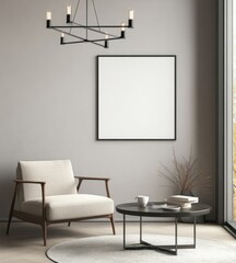 Modern living room interior with armchair, coffee table, chandelier, and blank canvas.