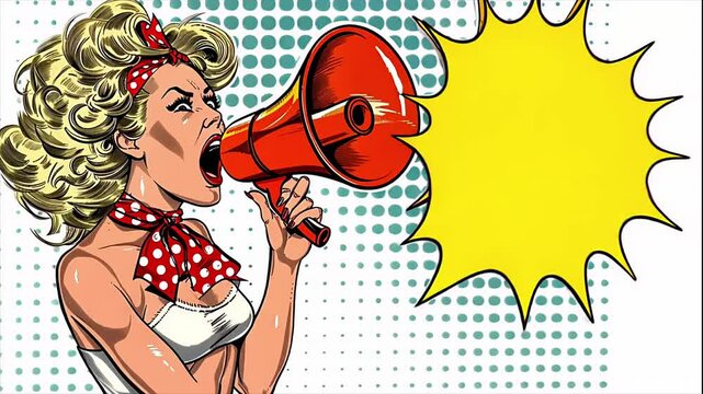Retro pop art woman shouting through megaphone with comic explosion