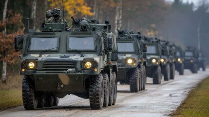 Military vehicles convoy on patrol through a forest road, armored personnel carriers driving on rural road in autumn